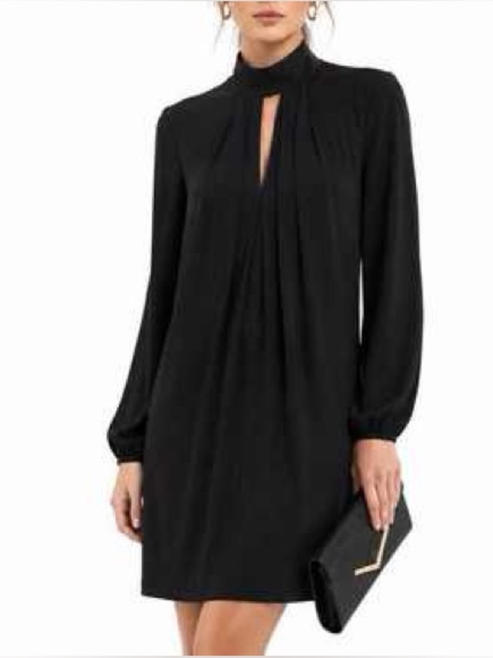 White House Black Market Black Long-Sleeve Keyhole Mock Neck Dress